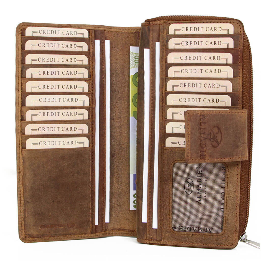 MILA ALMADIH Leder Damen Geldbörse Dunkelbraun Vintage - mit RFID Schutz
