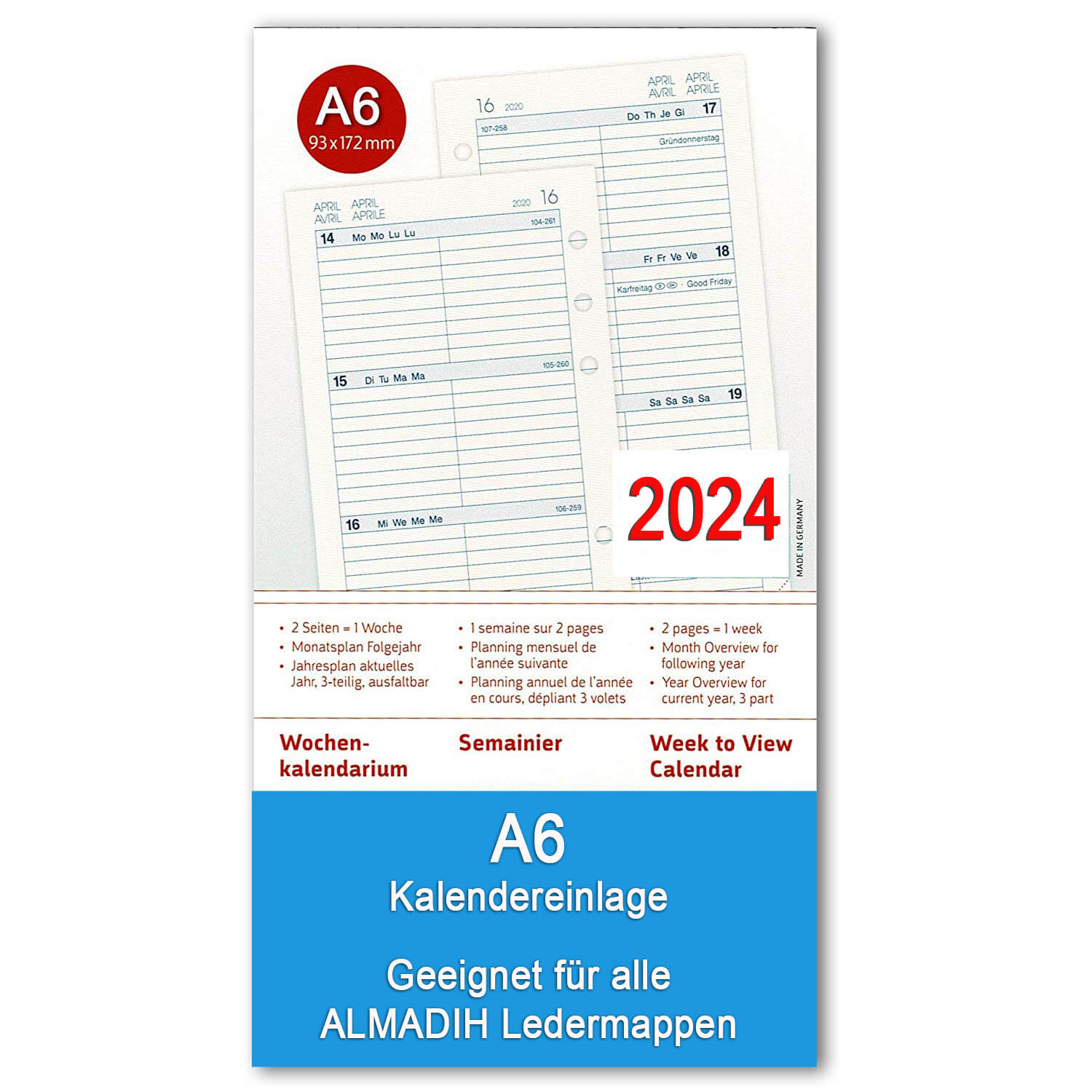 ALMADIH Kalendereinlage A6 Kompakt für 2024 - 1 Woche auf 2 Seiten