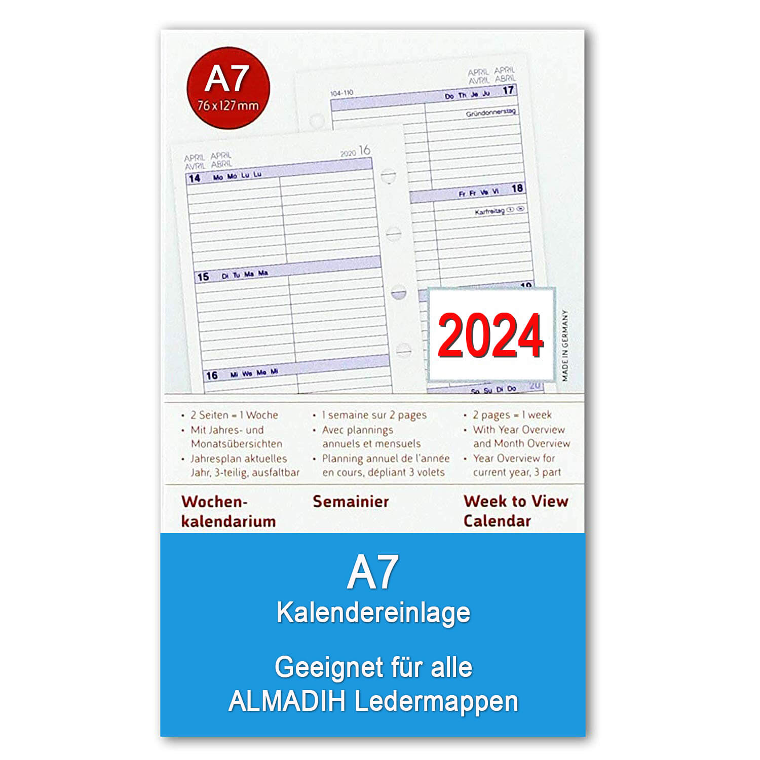 ALMADIH Kalendereinlage A7 Pocket für 2024 - 1 Woche auf 2 Seiten